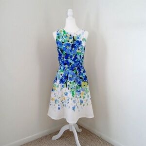 Donna Morgan Watercolor Floral Print Fit & Flare Dress - Blue & Green - NWT - 14